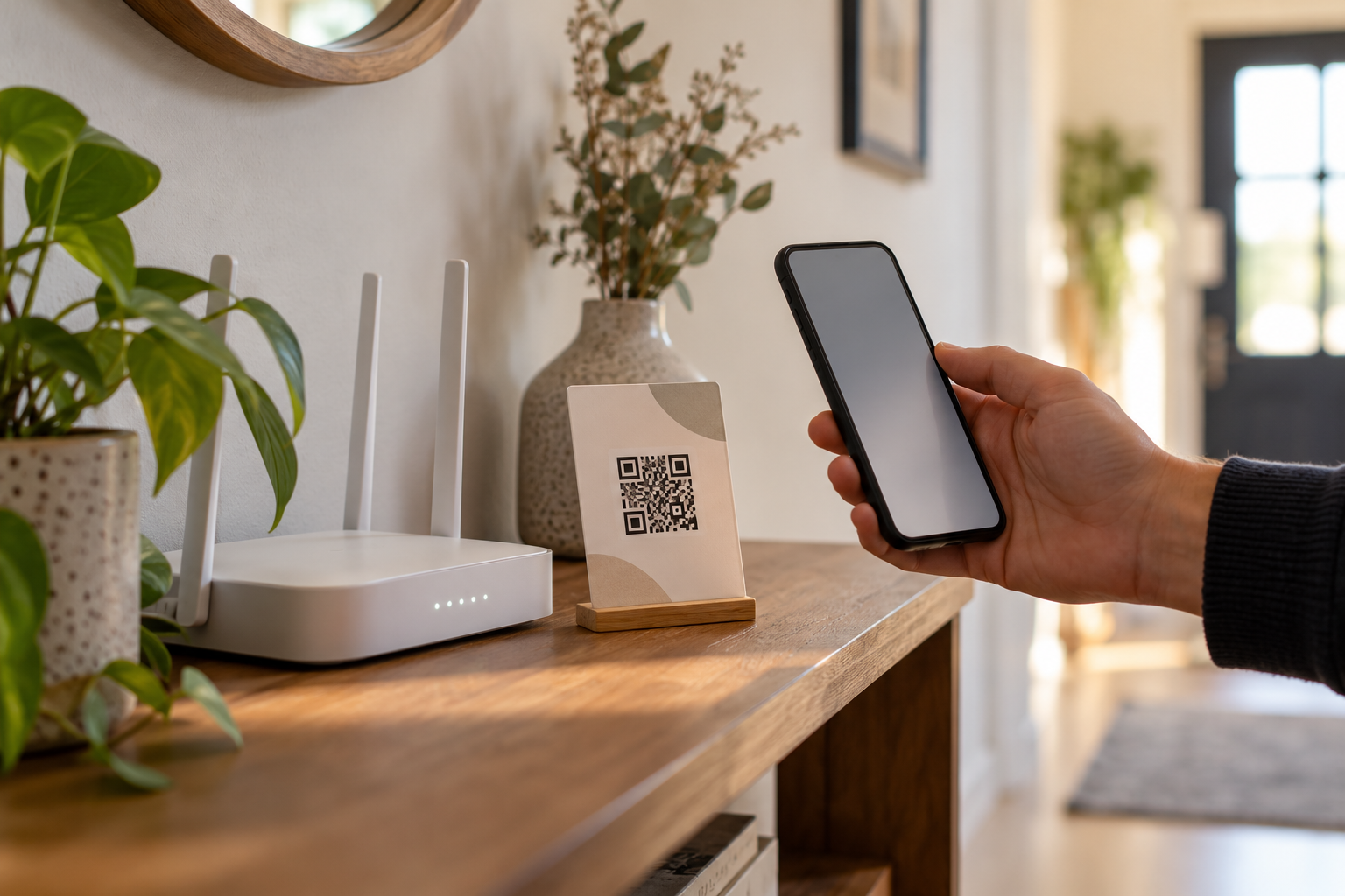 Router und Gästekarte mit einem beispielhaften QR-Muster