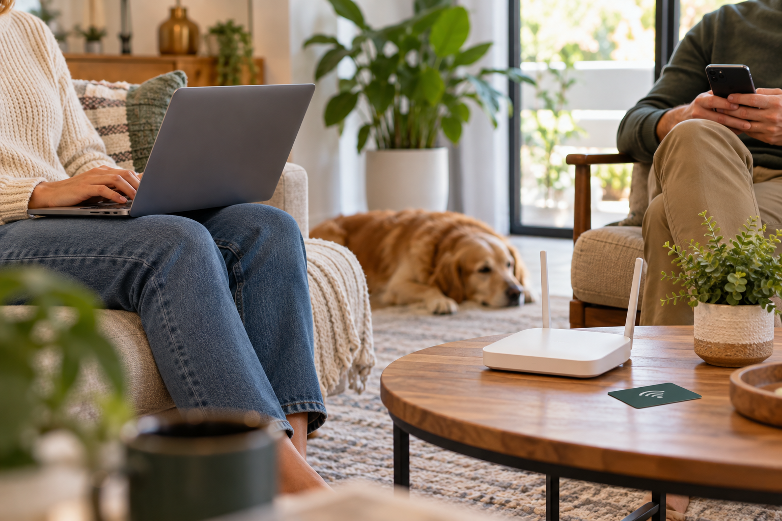 Gäste mit Mobilgeräten im Wohnzimmer neben einem Router