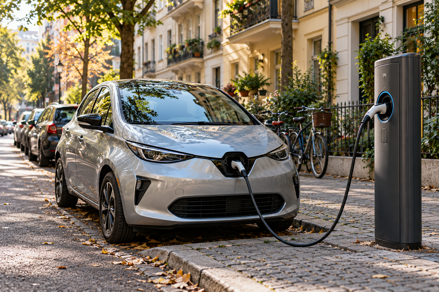 E-Auto an einer öffentlichen Ladestation in einer Wohnstraße