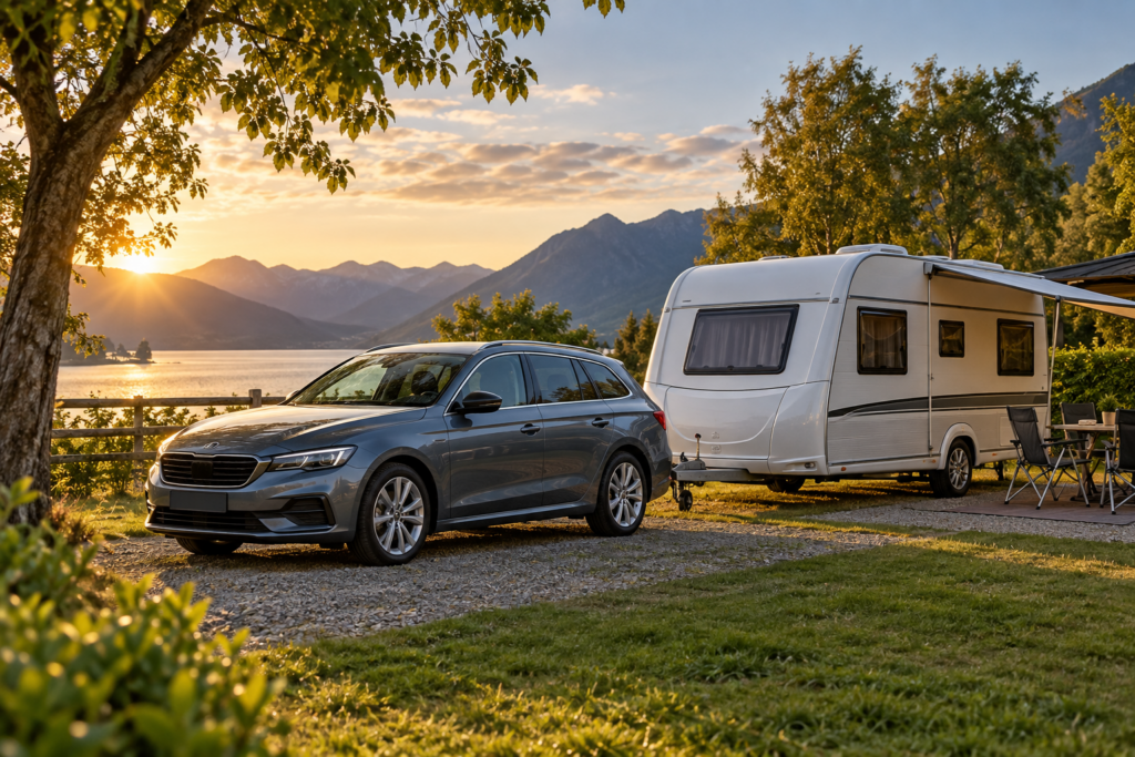 Auto und Wohnwagen auf einem europäischen Campingplatz