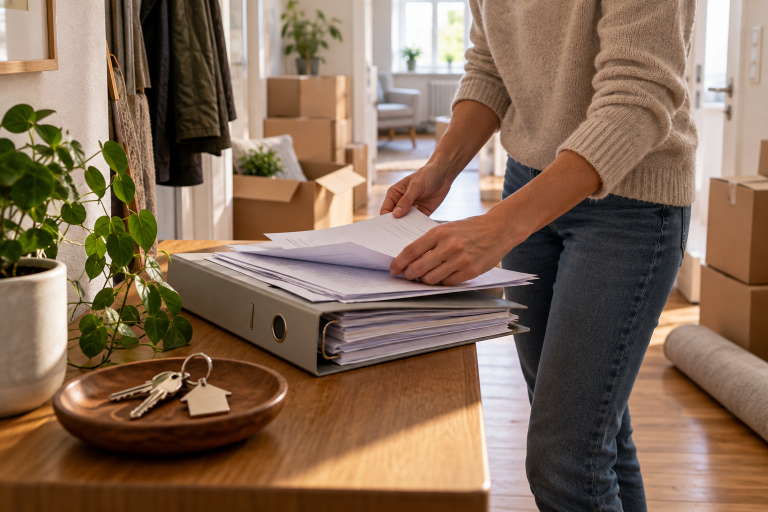 Umzugskartons, Wohnungsschlüssel und Abrechnungsunterlagen